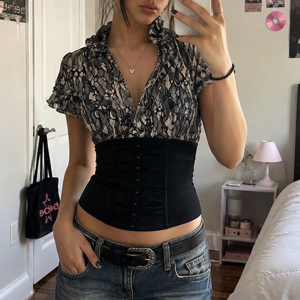 Bebe vtg Y2K Lace print Ruffle Bandage Corset Top Black grunge Silk Blend M Emo